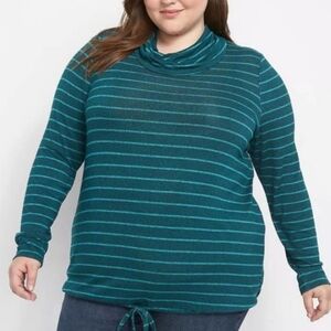 NWT Lane Bryant 2X (Size 18/20)Teal Stripe Cowl Neck Drawstring Hem Knit Top